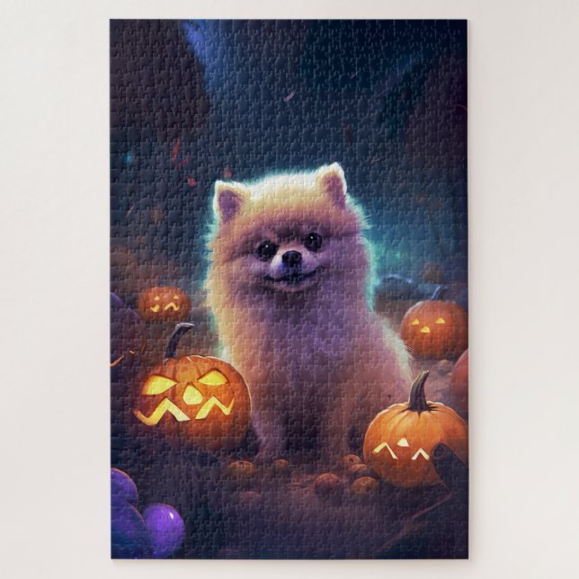 Quebra-cabeça Halloween Pomeranian Com Pumpkins Assustado (Vertical)