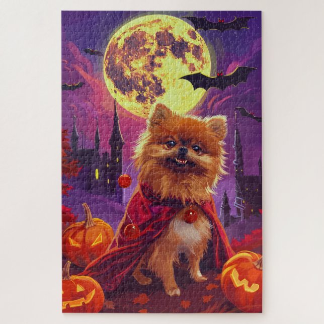 Quebra-cabeça Halloween Pomeranian Vampiro Pumpkins assustado (Vertical)