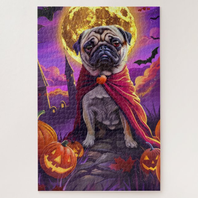 Quebra-cabeça Halloween Pug Vampiro Pumpkins assustado (Vertical)