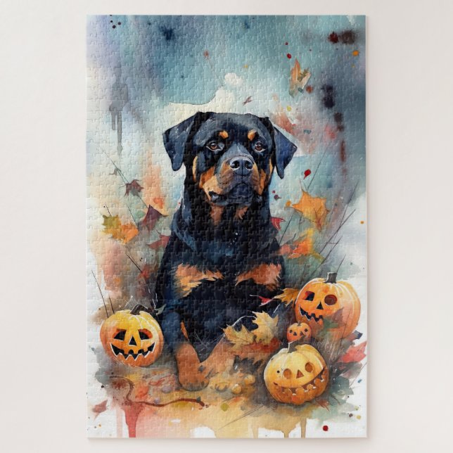 Quebra-cabeça Halloween Rottweiler Com Pumpkins Assustado (Vertical)