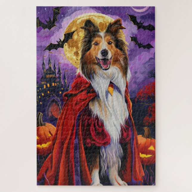 Quebra-cabeça Halloween Rough Collie Vampire Pumpkins assustado (Vertical)