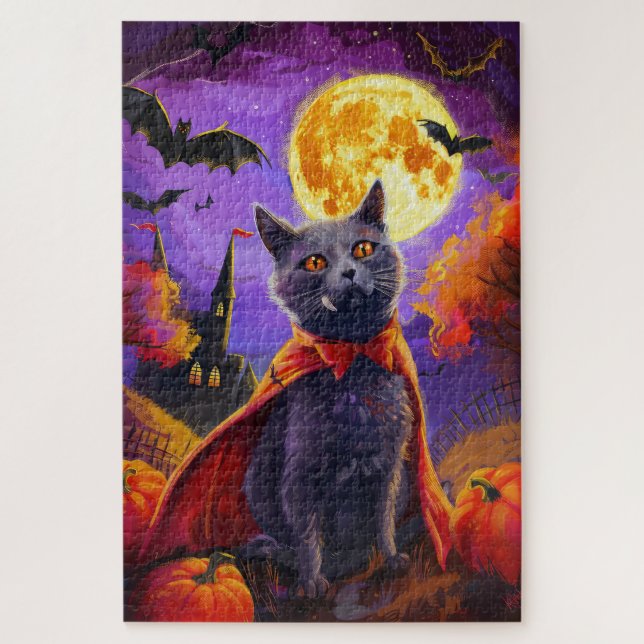 Quebra-cabeça Halloween Russo Blue Cat Vampiro Pumpkins assustad (Vertical)