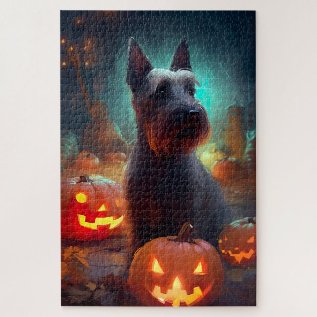 Quebra-cabeça Halloween Scottish Terrier with Pumpkins Scary (Vertical)