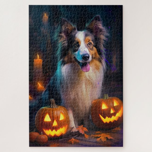 Quebra-cabeça Halloween Shetland Sheepdog Com Pumpkins Assustado (Vertical)