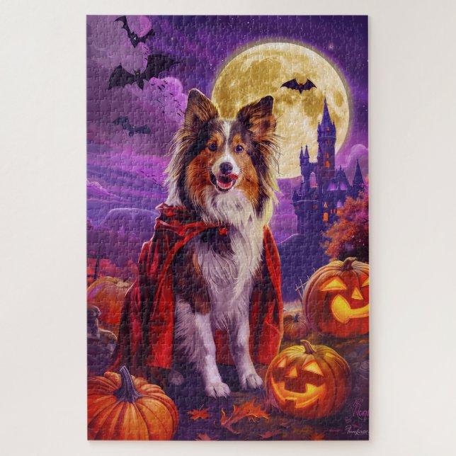 Quebra-cabeça Halloween Shetland Sheepdog Vampiro Pumpkins assus (Vertical)