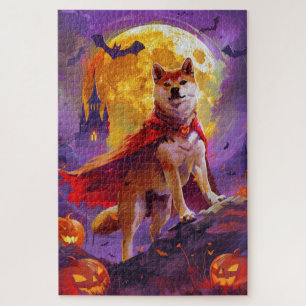 Quebra-cabeça Halloween Shiba Inu Vampiro Abóboras Assustador