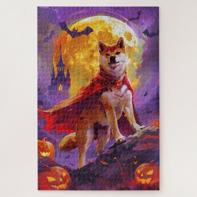 Quebra-cabeça Halloween Shiba Inu Vampiro Pumpkins assustado (Vertical)
