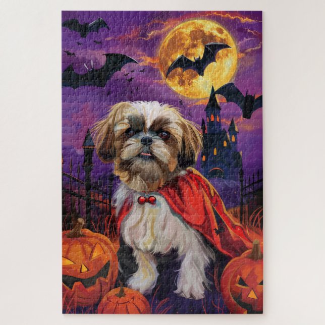 Quebra-cabeça Halloween Shih Tzu Vampire Pumpkins Scary (Vertical)