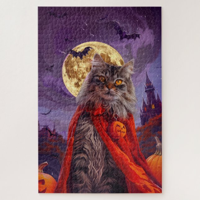 Quebra-cabeça Halloween Siberian Cat Vampire Pumpkins assustado (Vertical)