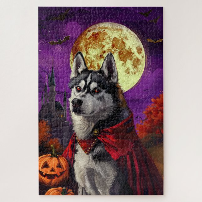 Quebra-cabeça Halloween Siberian Husky Vampiro Pumpkins assustad (Vertical)
