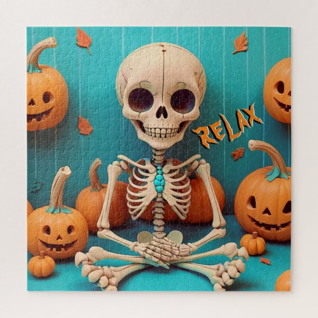 Quebra-cabeça Halloween Skeleton Spooky Pumpkin Orange Cyan Text (Vertical)