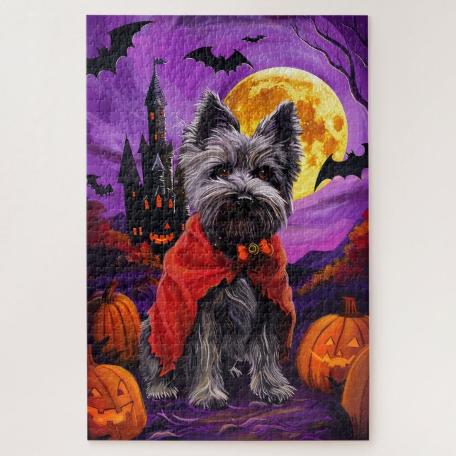 Quebra-cabeça Halloween Skye Terrier Vampire Pumpkins assustado (Vertical)