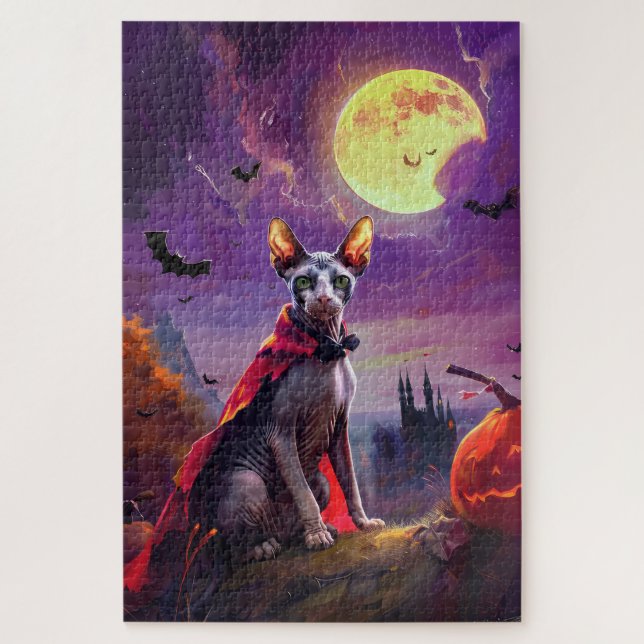 Quebra-cabeça Halloween Sphynx Cat Vampire Pumpkins assustado (Vertical)