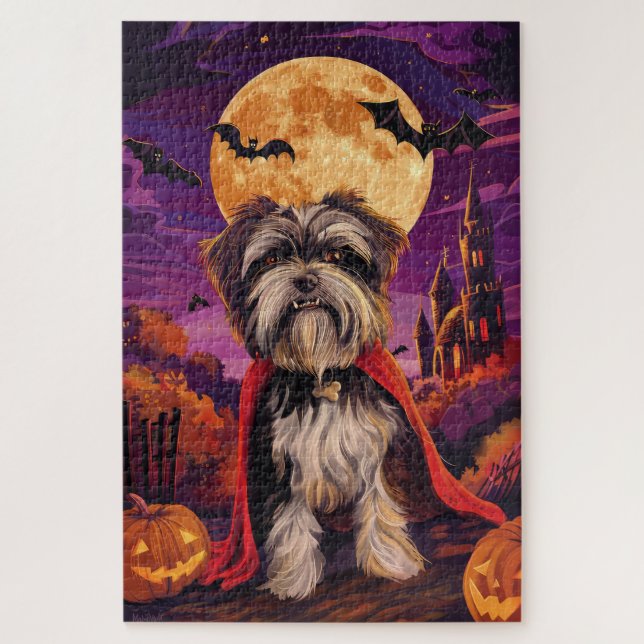 Quebra-cabeça Halloween Tibetan Terrier Vampire Pumpkins assusta (Vertical)