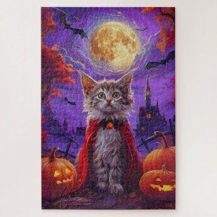 Quebra-cabeça Halloween Turco Angora Cat Vampiro Pumpkin Assusta