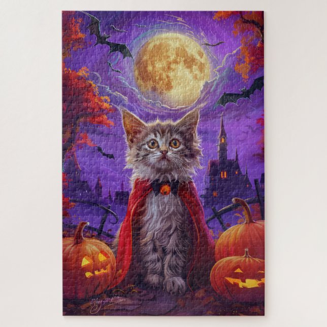 Quebra-cabeça Halloween Turco Angora Cat Vampiro Pumpkin Assusta (Vertical)