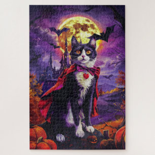 Quebra-cabeça Halloween Tuxedo Gato Vampiro Pumpkins assustado