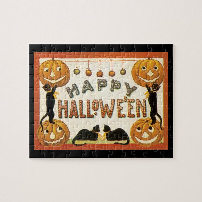 Quebra-cabeça Halloween Vintage, Gatos Pretos com Jackolanterns (Horizontal)