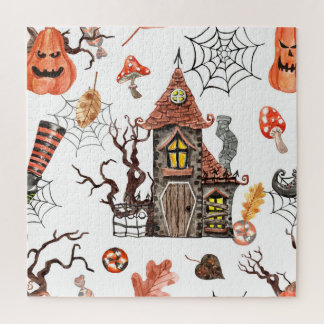 Quebra-cabeça Halloween Watercolor: Padrão De Casa Assombrada.