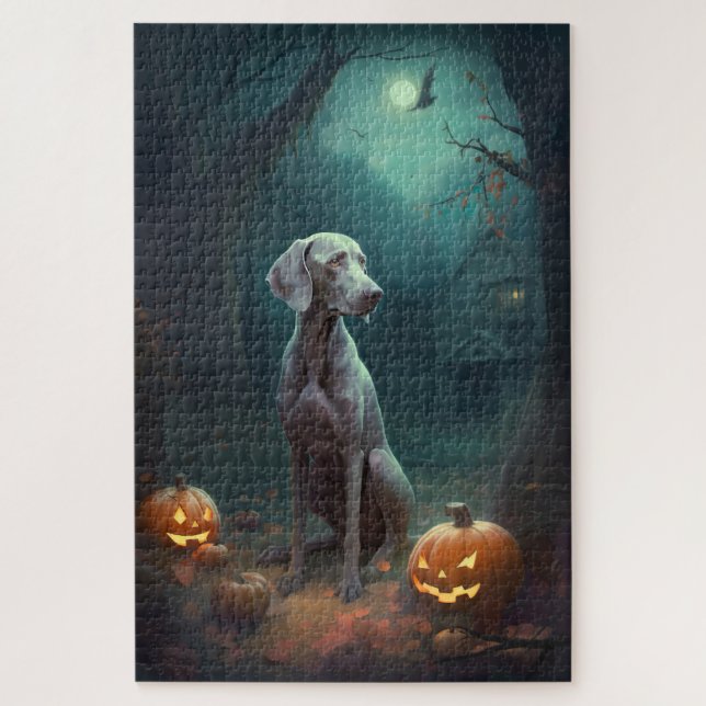 Quebra-cabeça Halloween Weimaraner Com Pumpkins Assustado (Vertical)
