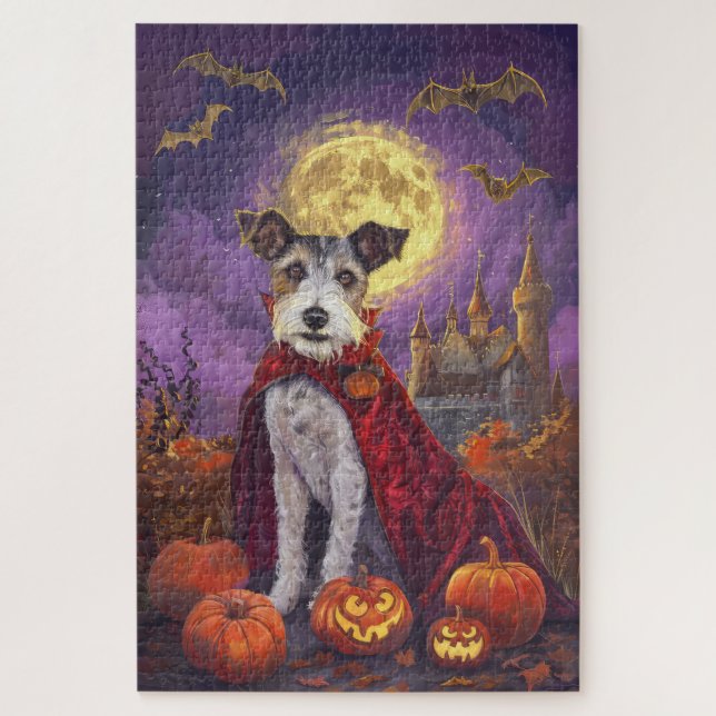 Quebra-cabeça Halloween Wirefox Terrier Vampire Pumpkins assusta (Vertical)
