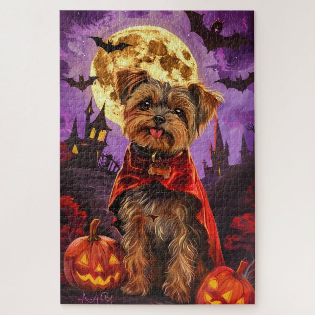 Quebra-cabeça Halloween Yorkipoo Vampiro Pumpkins assustado (Vertical)