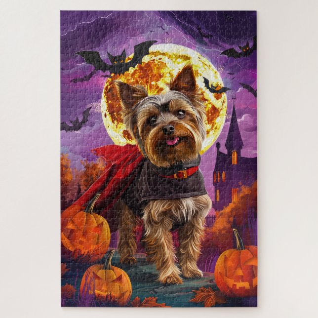 Quebra-cabeça Halloween Yorkshire Terrier Vampiro Abóboras Assus (Vertical)
