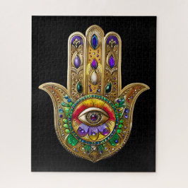 Quebra-cabeça Hamsa Dourado Pintado Olho de Terceiro Rubi Ametis