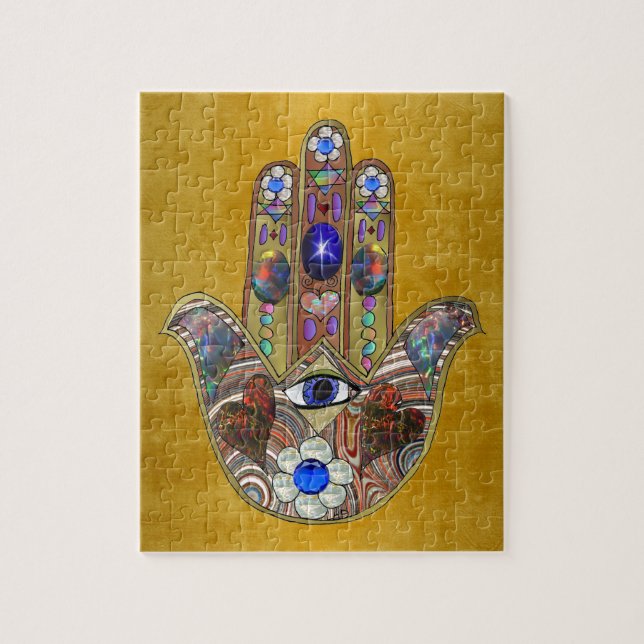 Quebra-cabeça Hamsa Hearts Flowers Opal Art em Dourado (Vertical)