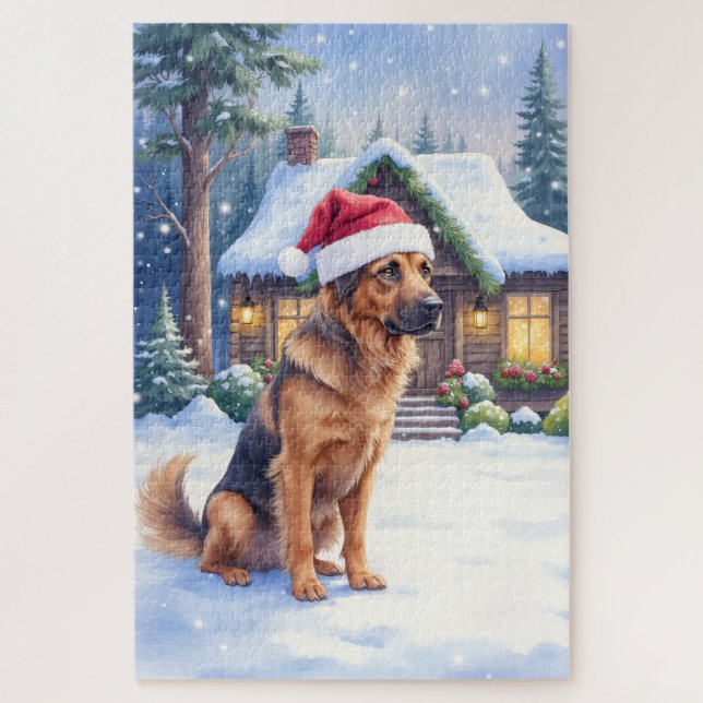 Quebra-cabeça Hanoverian Scenthound Snowy Forest Cabin Santa Hat (Vertical)