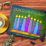 Quebra-cabeça Hanukkah Blue Boho vela verde paz luz de amor<br><div class="desc">"Paz, amor e luz." Uma ilustração lúdica, moderna e artística das velas de padrão de feto em uma menorah ajuda você a lançar no feriado de Chanucá. Velas azuis cortadas com padrões de folha de alumínio coloridas cobrem um fundo verde rico e profundo. Sinta o calor e a alegria da...</div>