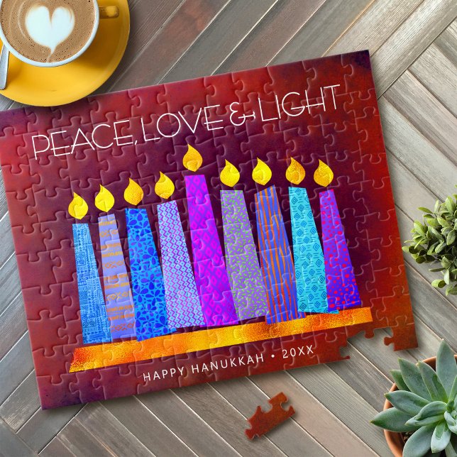 Quebra-cabeça Hanukkah Blue Boho Velas sobre Red Peace Love Ligh (Choose from 3 colors!)