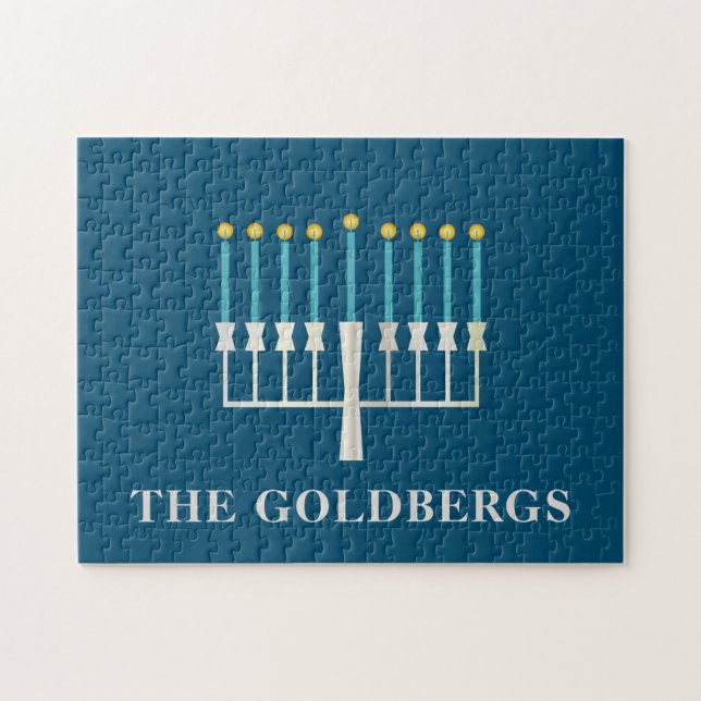 Quebra-cabeça Hanukkah Menorah em Azul Personalizado   (Horizontal)