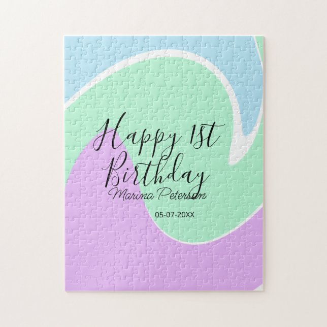 Quebra-cabeça Happy 1st birthday pink green blue acrylic pour  (Vertical)