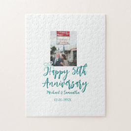 Quebra-cabeça Happy 50th anniversary photo turquoise bow name da