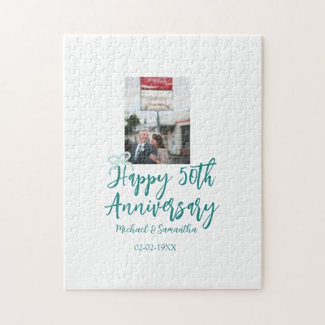 Quebra-cabeça Happy 50th anniversary photo turquoise bow name da (Vertical)