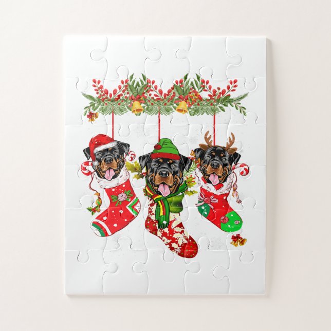Quebra-cabeça Happy Christmas Rottweiler Dog Xmas Light Santa (Vertical)