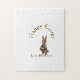 Quebra-cabeça Happy Easter brown bunny with eggs love add name 