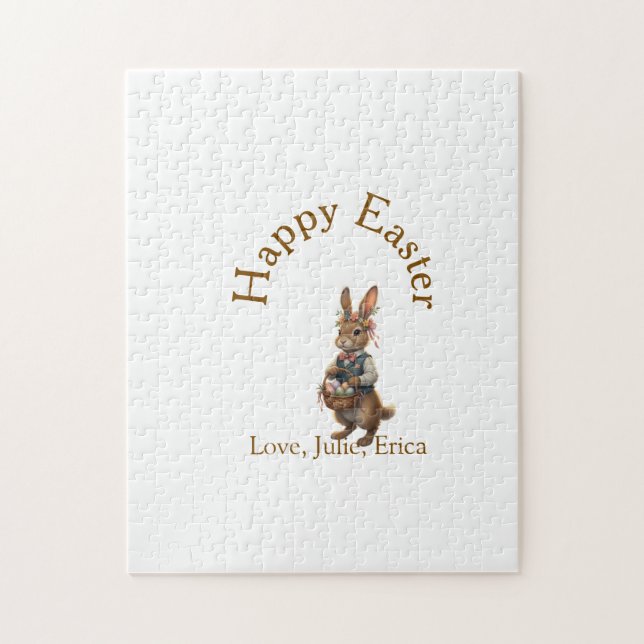 Quebra-cabeça Happy Easter brown bunny with eggs love add name  (Vertical)