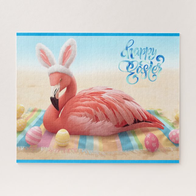 Quebra-cabeça Happy Easter from Florida Flamingo Bunny on Beach  (Horizontal)