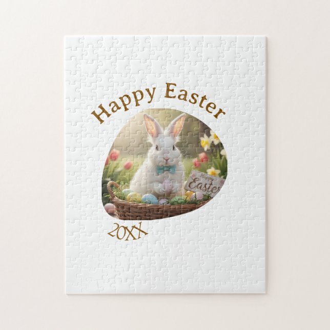 Quebra-cabeça Happy Easter white bunny year photo family name  (Vertical)