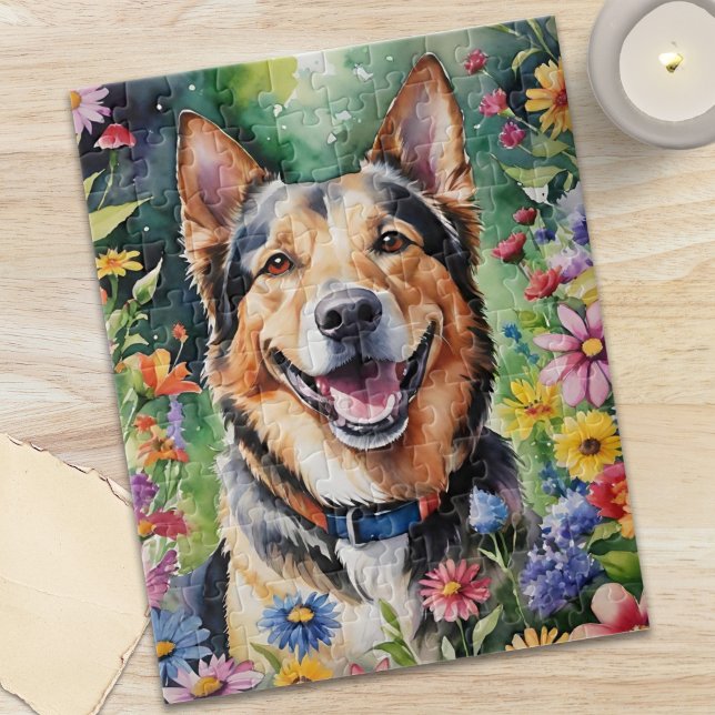 Quebra-cabeça Happy German Shepherd Portrait Watercolor Animal (Happy German Shepherd Portrait Watercolor Animal Jigsaw Puzzle)
