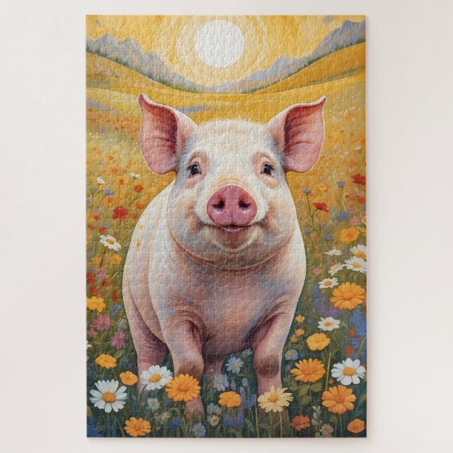 Quebra-cabeça Happy Little Pig Sunny Daisy Field (Vertical)