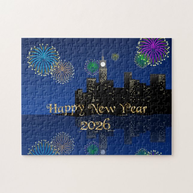Quebra-cabeça Happy New Year’s Eve Midnight Fireworks City Light (Horizontal)
