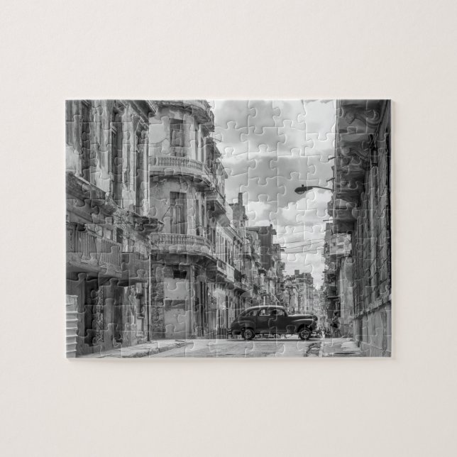 Quebra-cabeça Havana Street Oldtimer Car Cuba Viagem Black White (Horizontal)
