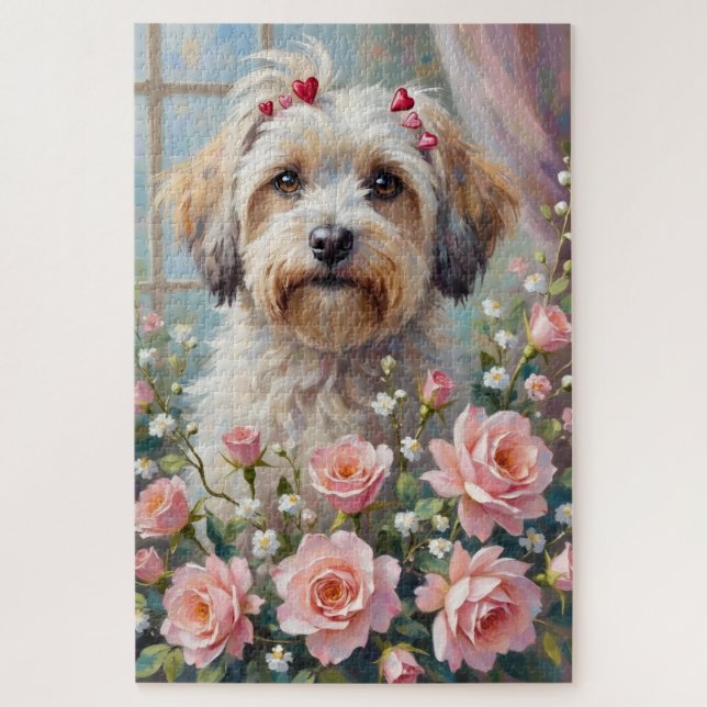 Quebra-cabeça Havanese Peeking from Valentine's Rose Bouquet (Vertical)