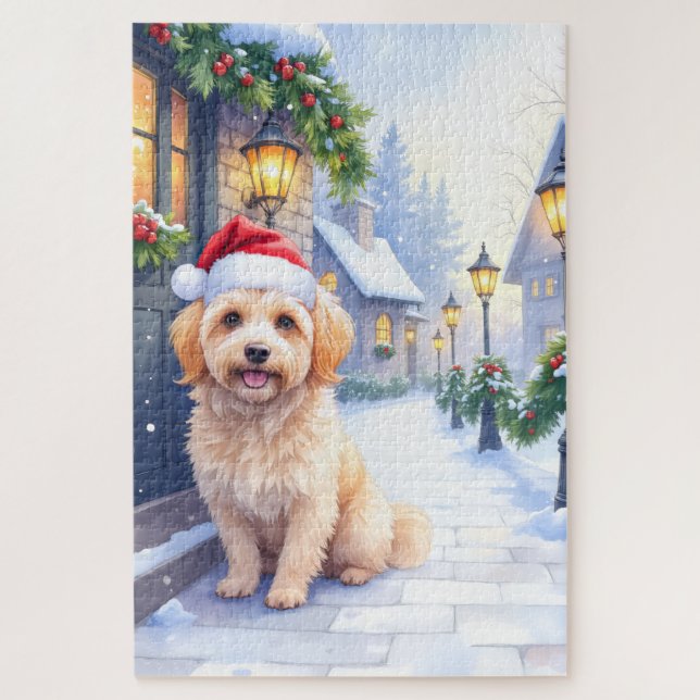Quebra-cabeça Havanese Snowy Village Walk Santa Hat Christmas (Vertical)