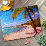 Quebra-cabeça Hawaii Ocean Palm Tree Vintage Foto Em Hora De Pra<br><div class="desc">"Na hora da praia." Volte às memórias de dias de praia tropical e preguiçosos sempre que você desfruta desta folga havaiana funky, retrô, visual vintage, quebra-cabeça de uma palmeira de fotos angustiada de uma palmeira solitária em uma praia arenosa e crescente, com claros céus azuis turquesas e água. Faz um...</div>
