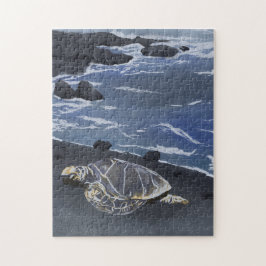 Quebra-cabeça Hawaii Sea Turtle on Black Sand Beach T-Shirt