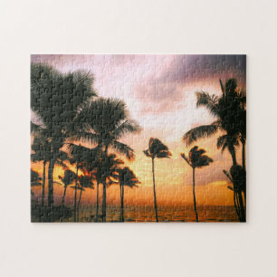 Quebra-cabeça Hawaiian Beach Palm Trees Sunset - Viagem Havaí